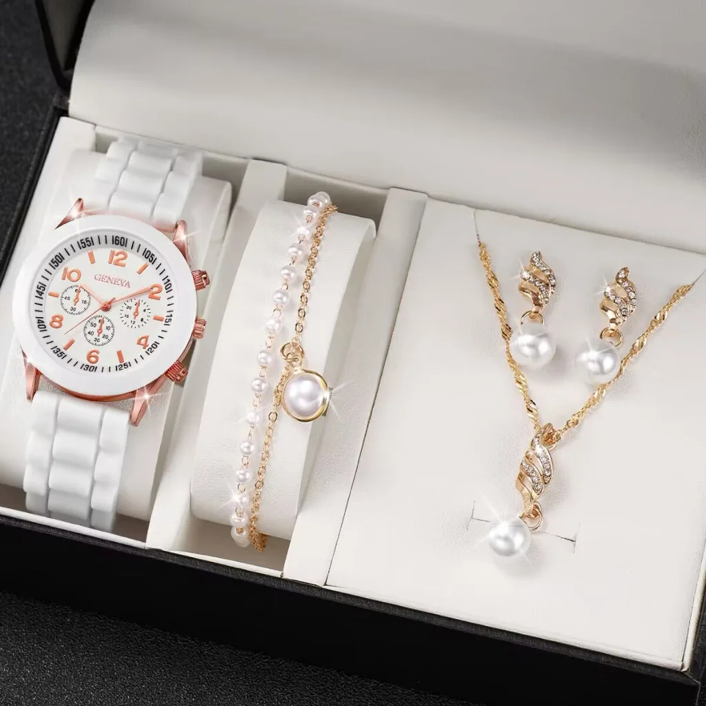 Immagine di Set Orologio Donna con Cinturino in Silicone e Perle - Stile Casual
