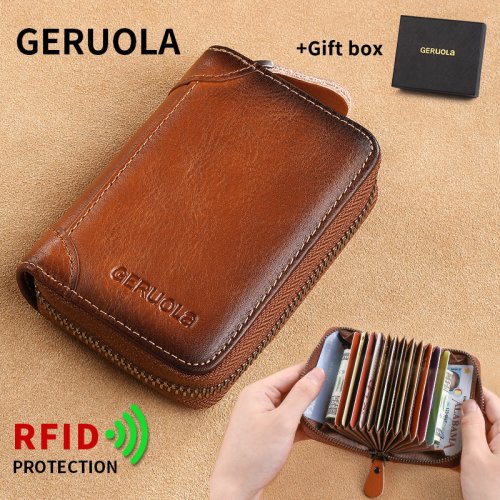 Imagen de Tarjetero con múltiples ranuras de gran capacidad de cuero genuino para hombre con estuche para licencia de conducir, nuevo diseño de color degradado, bloqueo RFID
