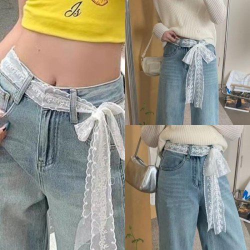 Zdjęcie Stylowy długi pasek Y2K z koronką i kwiatową kokardą; Pasek do sukienki lub jeansów bez wysiłku; Uniwersalny jako opaska do włosów lub szalik z koronki