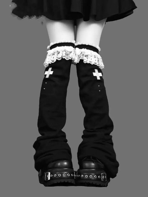 Immagine di Calzini Svasati al Ginocchio in Pizzo Y2K con Design Kawaii: Scaldamuscoli Stile Harajuku Gothic Lolita per Donne