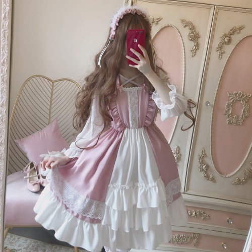 Zdjęcie Alice In Wondeland Cute Women Lolita OP Dress Flouncing Lace Trim Japanese Harajuku Long Sleeves Doll Teen Dress Fairy Vestidos