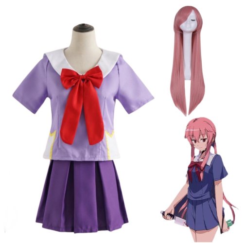 Image of Gasai Yuno Cosplay Costume from Future Diary - Complete School Uniform with Bow, Short Skirt, Wig & Accessories for Halloween and Anime Events