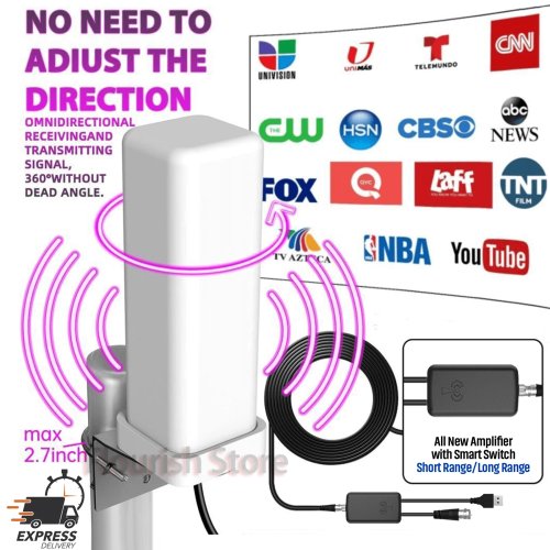 Afbeelding van Buiten TV-antenne met 35dBi versterking, 1080p HD & 8K compatibel, 360° signaalontvangst, 32ft kabel, IP66 waterdicht, ideale digitale HDTV-ontvangst tot 6000 mijl