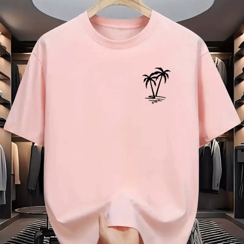 Immagine di T-shirt da uomo estiva 100% cotone alla moda casual allentata con motivo albero di cocco stampato sportivo girocollo a maniche corte