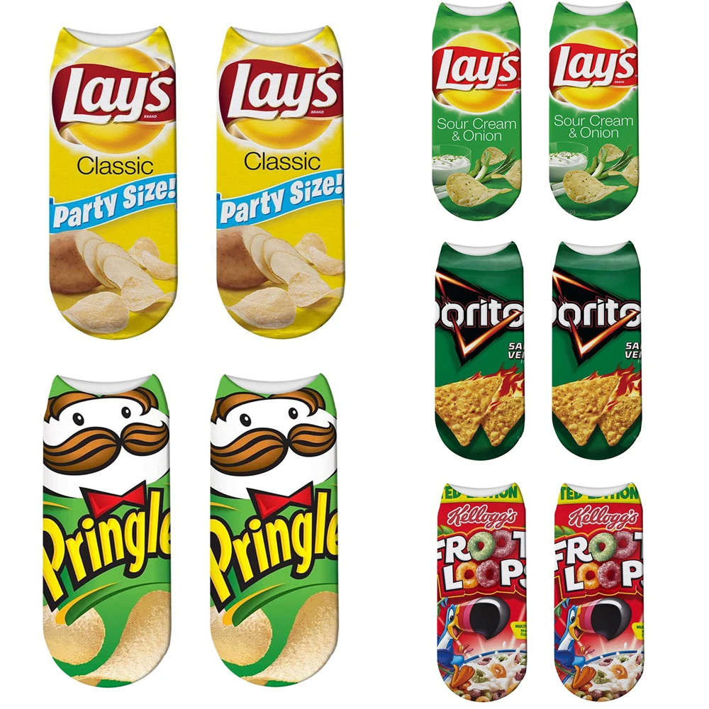Afbeelding van Grappige 3D Gedrukte Cartoon Chips & Frietjes Korte Sokken voor Vrouwen en Mannen – Zomer & Lente Stijl