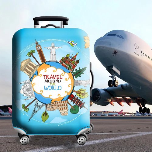 Immagine di Copertura per Bagagli in Tessuto Elasticizzato con Mappa del Mondo – Protezione Antipolvere per Valigie da 18 a 32 Pollici, Accessorio da Viaggio Stile Moderno