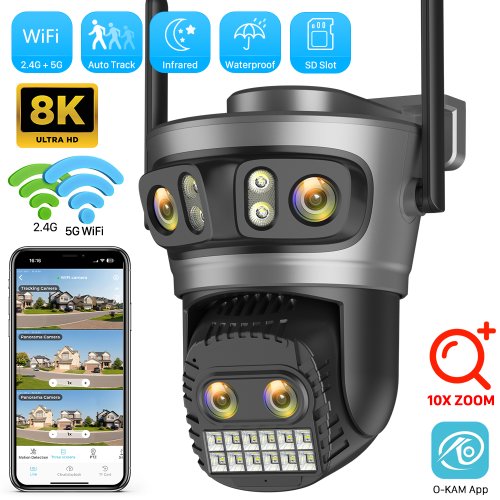 Imagen de Cámara WiFi HD de 20MP y 8K para exteriores, Zoom 10X, cuatro lentes, tres pantallas, seguimiento automático, protección de seguridad, videovigilancia CCTV 4K PTZ