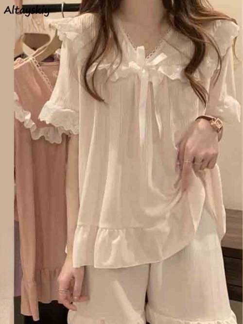 Image of Elegant Women's Lace Pajama Set with Sweet Bow Detail - Loose Fit Princess-Style Sleepwear in 5 Soft Colors for Comfortable Summer Nights