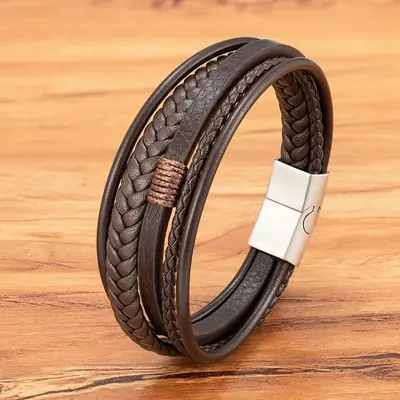 Image de Bracelet Homme Luxe Cuir Tissé Acier Inoxydable