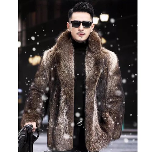 Image of Men's Luxurious Medium-Length Mink Fur Coat with Fox Fur Trim – Thickened Winter Warmth for Ultimate Style and Comfort