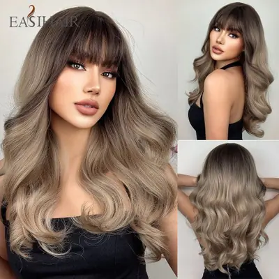 Image de Perruque Blonde Ondulée Synthétique avec Frange - Naturelle & Résistante à la Chaleur