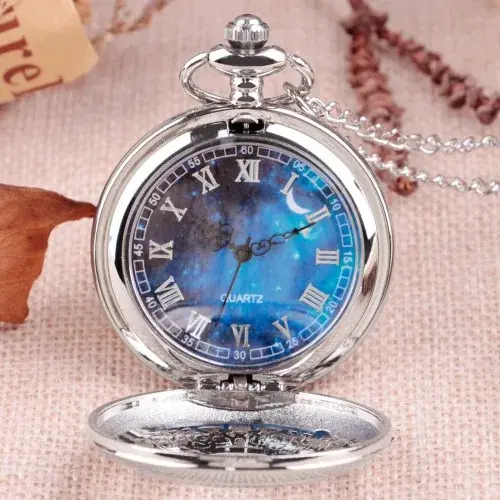 Image de Montre de Poche Vintage Bleu Étoilé - Pendentif Argent