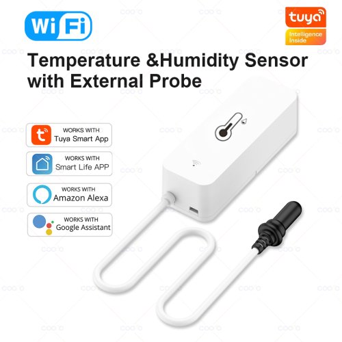 Afbeelding van Tuya WiFi Temperatuur- en Vochtigheidssensor met Externe Sonde – Draadloze Thermometer voor Koelkast, Vriezer en Aquarium met App Monitor