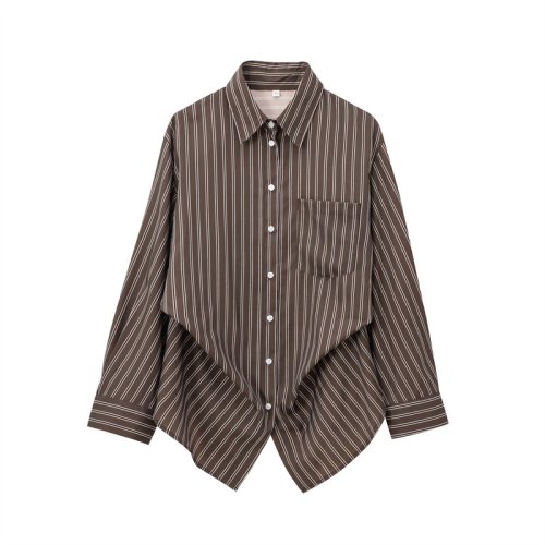 Bild von Herbst Bluse Damen Trendy Solide Streifen Drehen Unten Kragen Langarm Tasten Einreihig Weibliche Straße Shirts