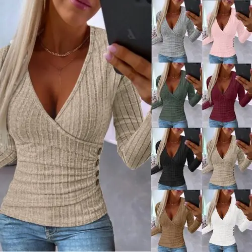 Image de Pull Femme Col V Tricoté à Manches Longues