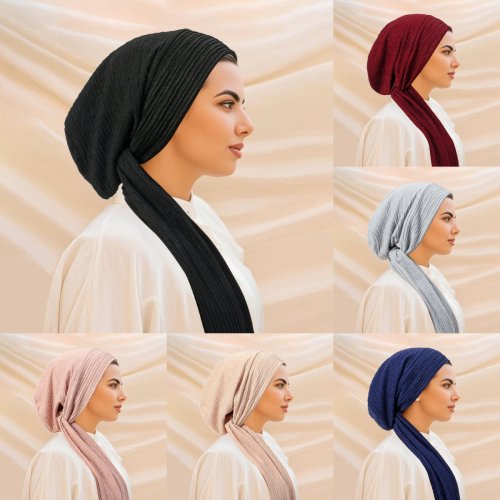 Immagine di Turbante da donna in tessuto solido, elegante e confortevole, con coda lunga e fascia elastica per hijab, copricapo musulmano traspirante adatto a chemio e uso quotidiano