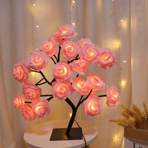 Imagen de 24 luces LED de árbol de rosas, lámpara de mesa con enchufe USB, luz nocturna de flores de hadas para fiesta en casa,