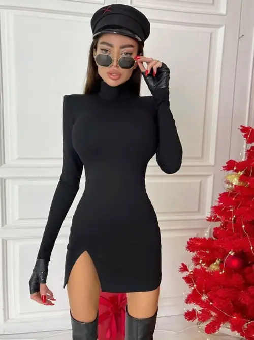 Image de Mini Robe Noire Moulante Manches Longues