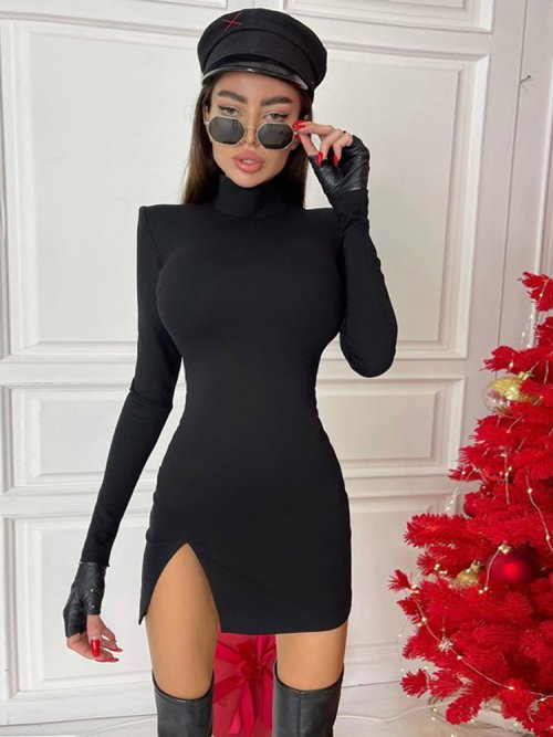 Imagen de Mujer primavera otoño manga larga ceñido al cuerpo Color sólido negro ajustado paquete cadera Mini vestido ropa femenina ropa de calle