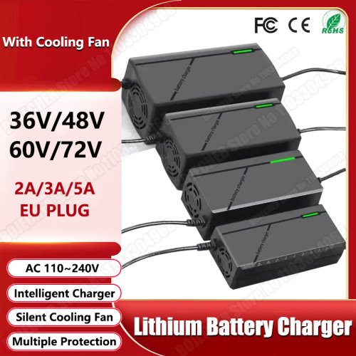 Imagen de Cargador Inteligente para Baterías de Iones de Litio 36V, 48V, 60V, 72V con Corriente de 2A, 3A, 5A y 10S, 13S, 16S, 20S - Carga Rápida con Enchufe Europeo para Paquetes de 42V, 54.6V, 67.2V y 84V