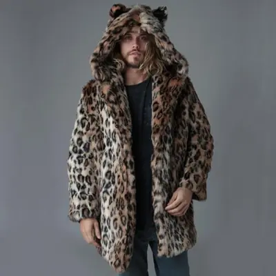 Image de Manteau Homme Fausse Fourrure Imprimé Léopard Capuche Chaud