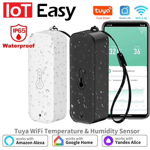 Zdjęcie Inteligentny czujnik temperatury i wilgotności Tuya z WiFi, wodoodporny, sterowany przez aplikację Smart Life – kompatybilny z Google Assistant i Alexa