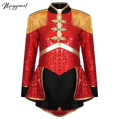 Afbeelding van Meisjes Glanzende Pailletten Circus Circusdirecteur Goochelaar Drummer Kostuum Lion Tamer Lange Mouw Fringe Epaulet Body voor Halloween
