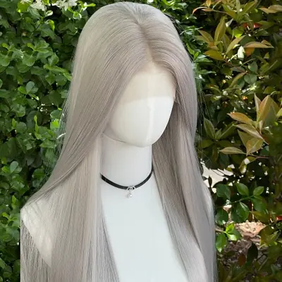 Image de Perruque Lace Front Synthétique Gris Argent - Longue & Droite