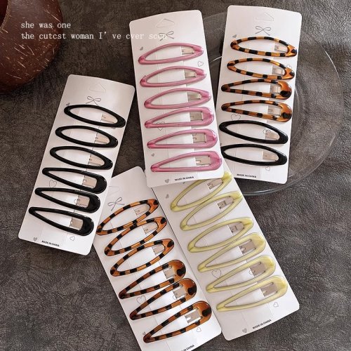 Image of 6-Piece Geometric Leopard Print Solid Alloy Snap Hairpins – Fashionable Water Drop Oval Bobby Pins for Women and Girls