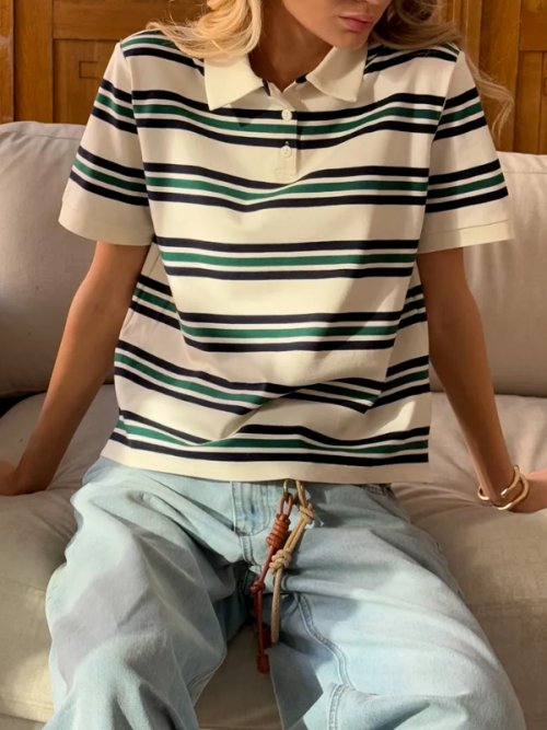 Image of Hirsionsan Polo Neck T Shirt Women Soft Chic Tees 95% Cotton Jumper Clothes Loose Casual Pullover 2025 Summer New Crop Tops