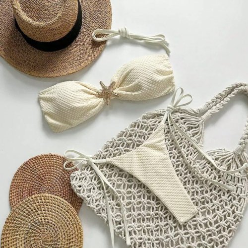 Zdjęcie Strój kąpielowy Jednolity Kolor Bikini Europejski i Amerykański Seksowny Sznurowany Bikini Damski Mały Świeży Rozdzielny Styl Plażowy Czysta Pokusa Strój Kąpielowy