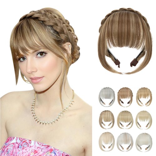 Immagine di Fascia per Capelli Sintetica con Frangia Estensione Capelli Finti, Frangia Smussata con Lati Lunghi, Aspetto Naturale in Nero, Marrone e Biondo - Bang B12