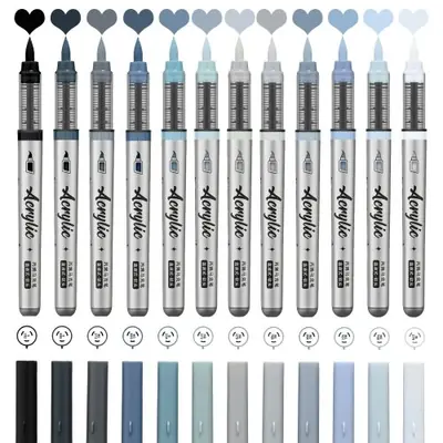 Image de Marqueurs Acryliques Professionnels - 12 Couleurs + Pinceau