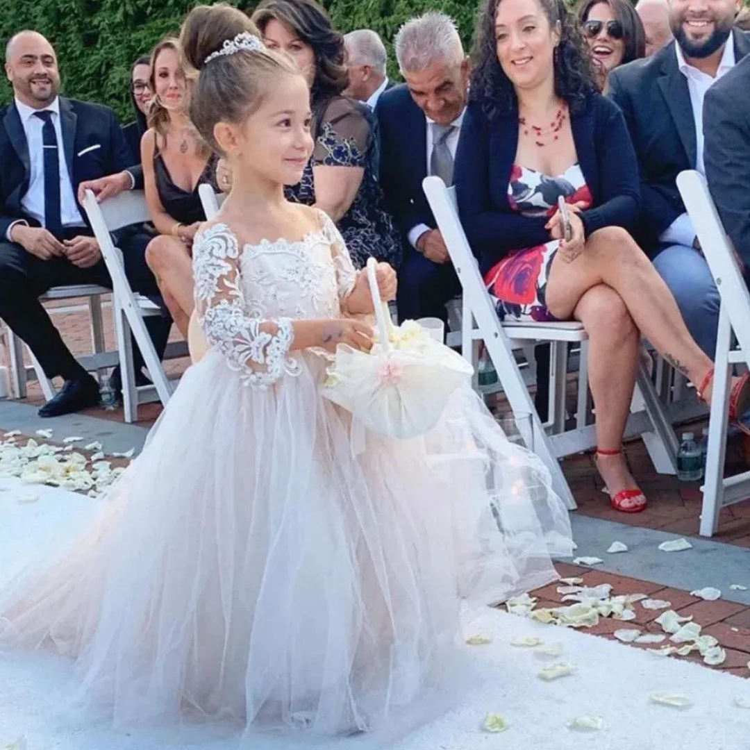 Bild von Baby Mädchen Geburtstagskleid Champagner Blumenmädchenkleid für Hochzeit Schleife Kinder Prinzessin Abendkleid Üppige Kleider für Mädchen