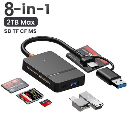 Imagen de Lector de tarjetas USB C 8 en 1, lector de tarjetas multifuncional, compatible con tarjeta SD/TF/CF/MS, lectura de 5Gbps, adaptador de tarjeta Flash de disco U