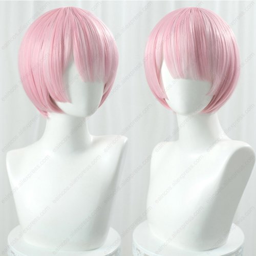 Image de Perruque Cosplay Rem Ram - Bleu Rose Dégradé 30cm