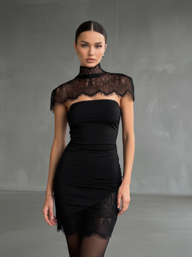 Image of Elegant Black Lace Patchwork Mini Dress with See-Through Turtleneck and Slim Fit Design for Women's Evening Parties and Special Occasions