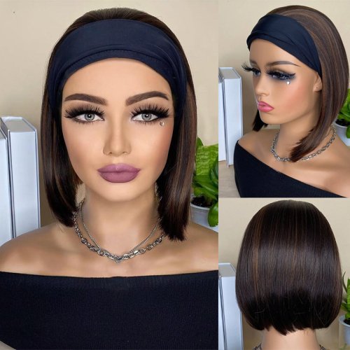 Imagen de Peluca Bob Corta con Diadema de 10 Pulgadas, Pelo Liso y Sintético, Mezcla Marrón y Negro, Resistente al Calor, Estilo Turbante Moderno
