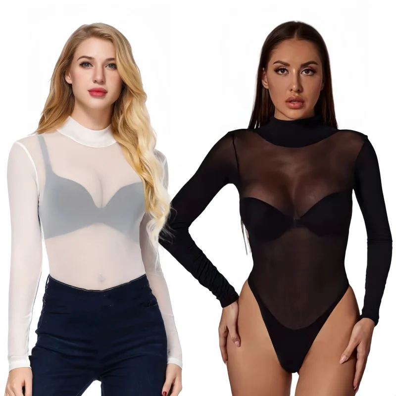Imagen de Body Negro de Manga Larga para Mujer - Traje Ajustado de Talla Grande, Mono Transparente con Diseño Sexi, Top de Una Pieza Ideal para Ropa de Calle y Discoteca