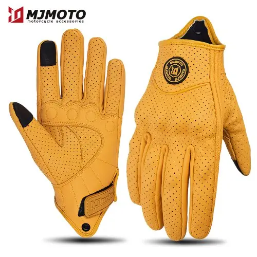 Image de Gants Moto Rétro Cuir Jaune - Respirants & Écran Tactile
