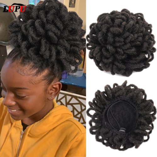 Image of Natural-Looking Synthetic Dreadlock Afro Puff Hair Bun with Drawstring Ponytail – Clip-In Faux Locs for Black Women
