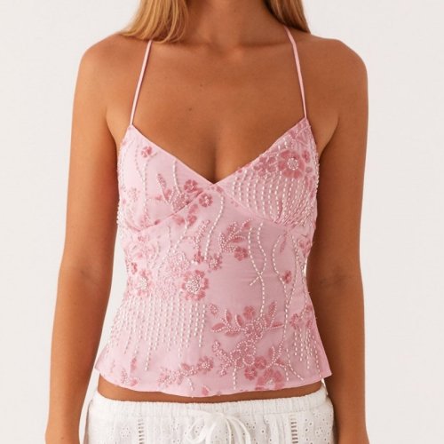Immagine di Top a canotta senza maniche con paillettes a fiori ricamati Top sexy con scollo a V profondo senza schienale Gilet estivo da donna per top corto da club per feste