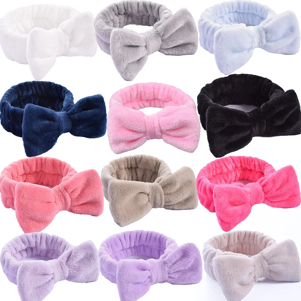 Zdjęcie Opaska na głowę dla kobiet z kokardką – miękki turban z coral fleece do makijażu, spa i mycia twarzy, ręcznik do włosów dla dziewcząt, akcesoria do włosów