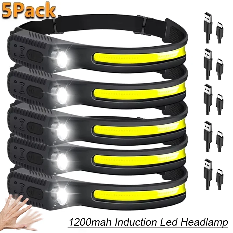 Imagen de Linterna Frontal LED con Sensor de Movimiento KDULIT COB, Lámpara de Cabeza con Haz Ancho, Batería Integrada Recargable por USB, Ideal para Pesca y Actividades al Aire Libre