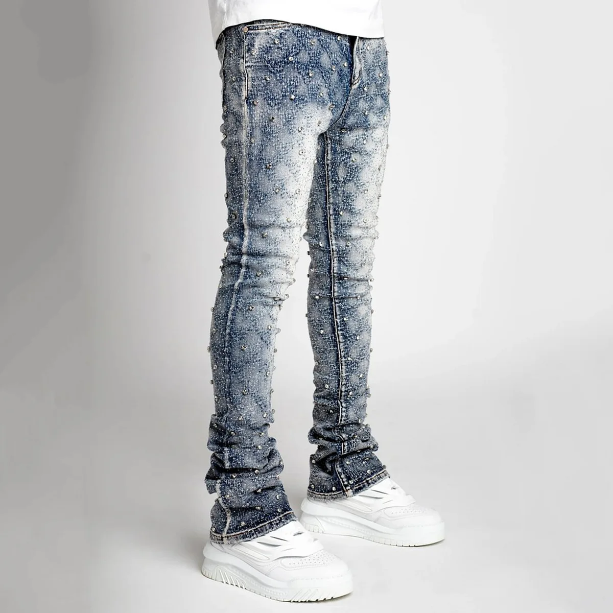 Imagen de Pantalones Vaqueros de Pierna Recta para Hombre, Moda Europea y Americana, con Detalles de Perlas Elásticas y Diseño en Capas