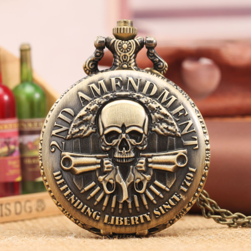 Image of Vintage bronze gun skull defending freedom Second Amendment military quartz necklace Pocket watch pendant for men Halloween Chri