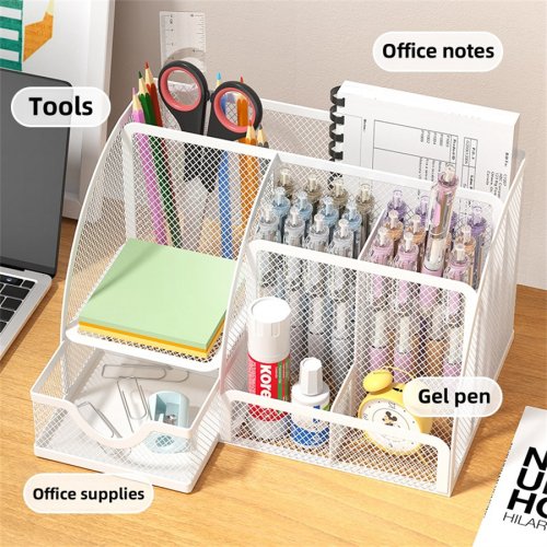 Image of Creative Metal Desk Organizer with 7-Grid Storage Compartment for Pens, Pencils, Files and Office Supplies