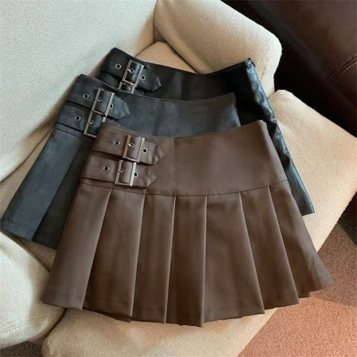 Image of Stylish High-Waisted Pleated Mini Skirt for Women – Y2K Inspired PU Leather A-Line Skirt in Black, Vintage Korean Streetwear Design