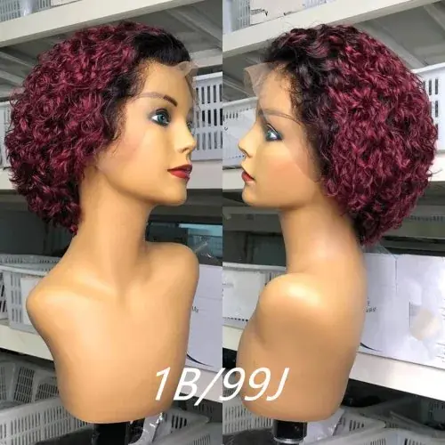 Image de Perruque courte bouclée miel avec mèches bordeaux, dentelle 13x2