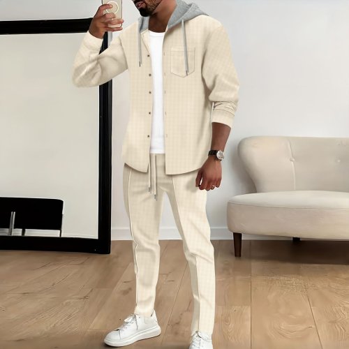 Image of Men's Spring & Autumn Waffle Knit Hooded Slim Fit Long Sleeve Cardigan Matching Tracksuit Set - Fashionable Casual Outfit